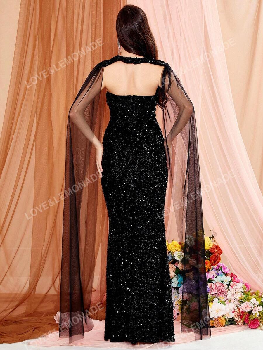 Black Sequin Mesh Gown with Thigh Slit