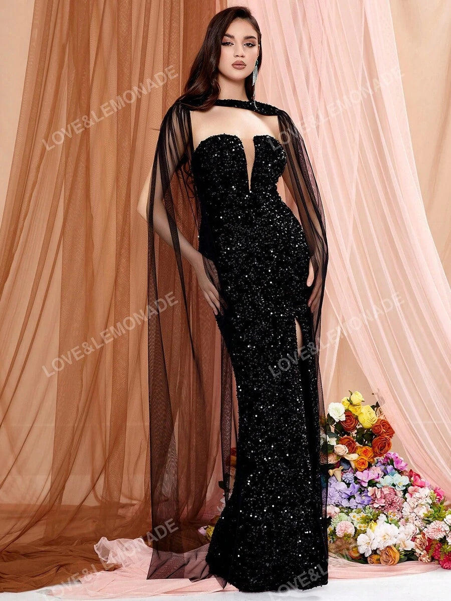 Black Sequin Mesh Gown with Thigh Slit