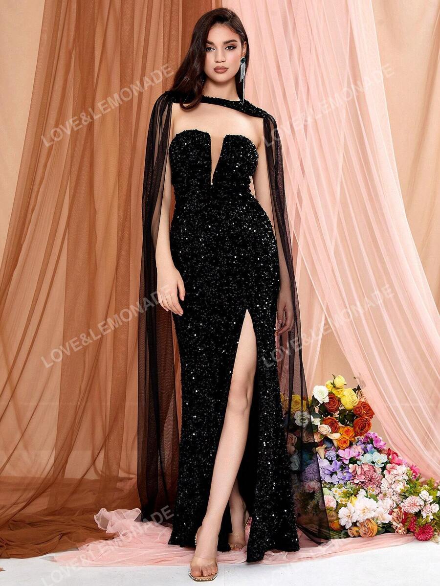Black Sequin Mesh Gown with Thigh Slit
