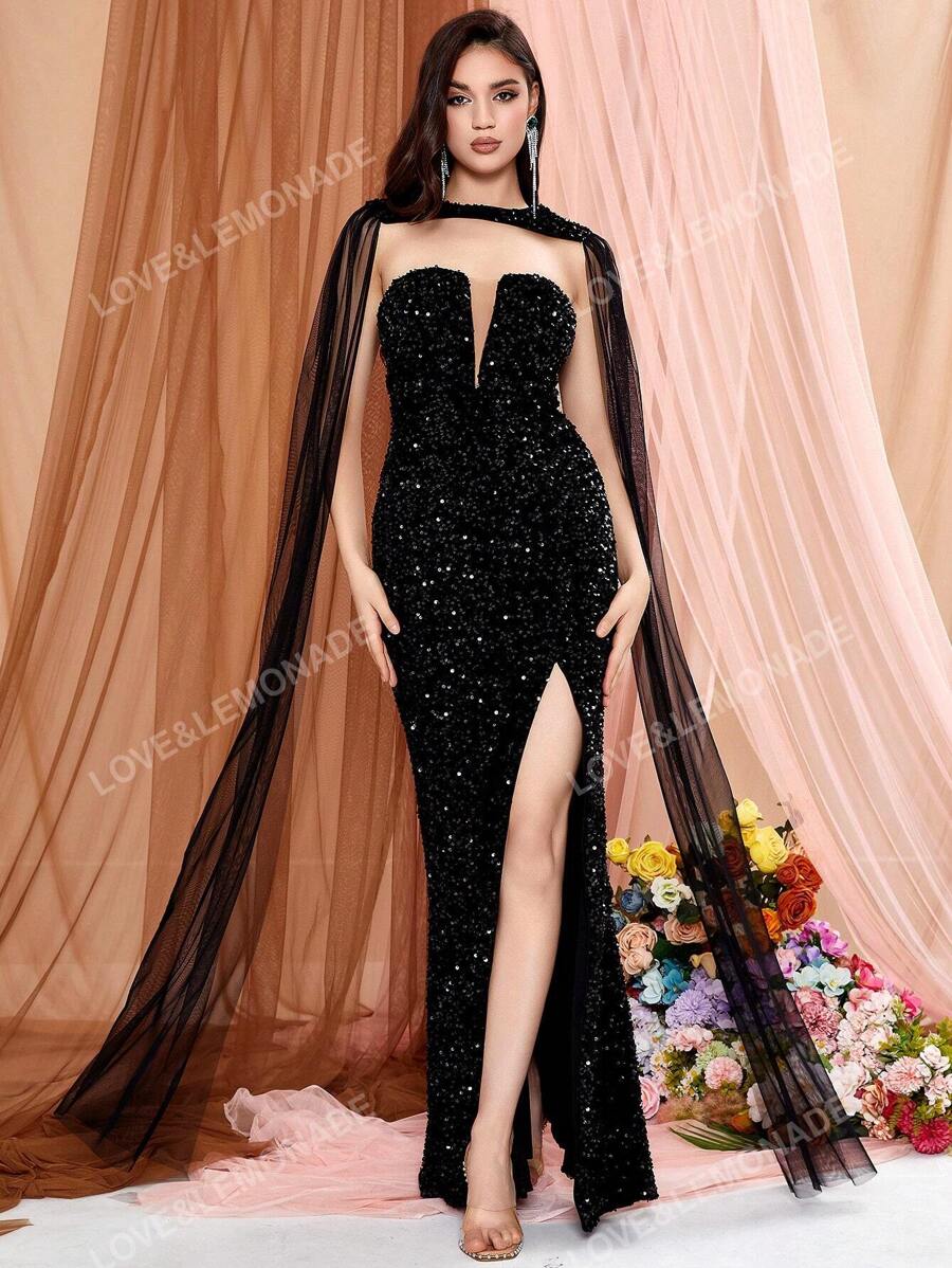 Black Sequin Mesh Gown with Thigh Slit