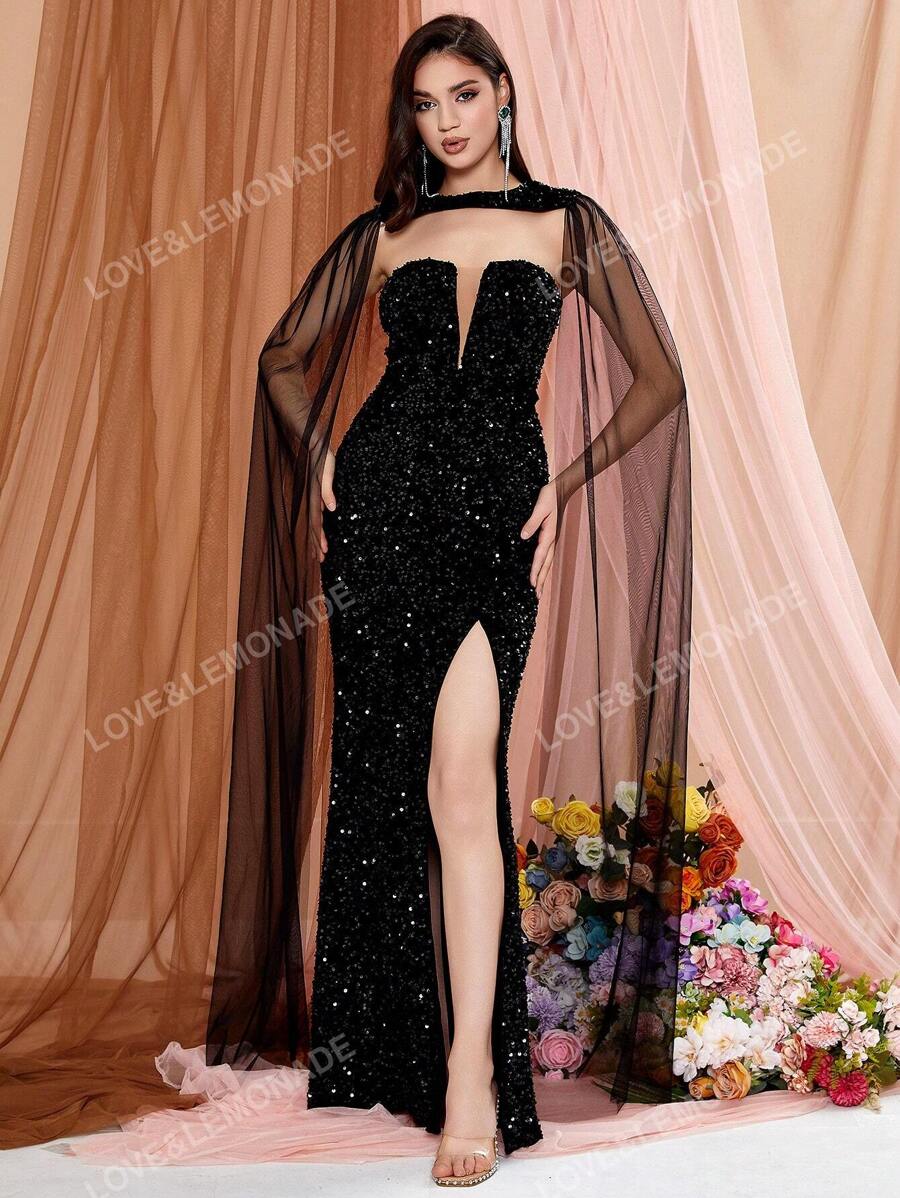 Black Sequin Mesh Gown with Thigh Slit
