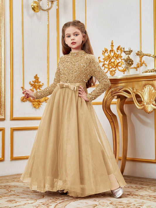 Elegant Girls' Turtleneck Long-Sleeve A-Line Tulle Princess Dress