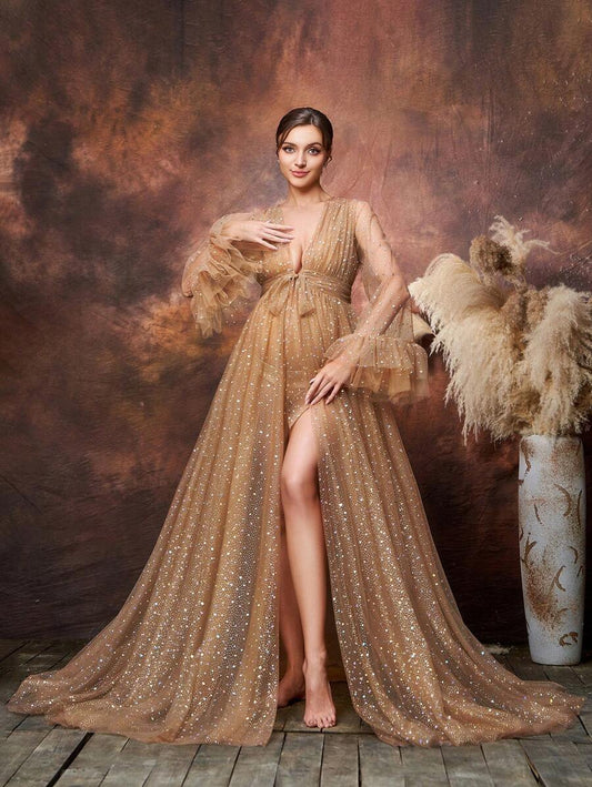 Elegant Deep V-Neck Evening Gown With Ruffled Long Sleeves & High-Slit, Tulle A-Line Dress | Sparkling Baby Shower Dresses For Formal Galas, Wedding Receptions, Black-Tie Events, Luxury Dinners, Milestone Celebrations, Maternity Photoshoot