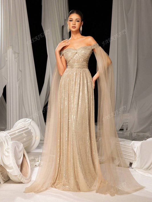 Off-Shoulder Sequin Gown with Cloak Sleeves