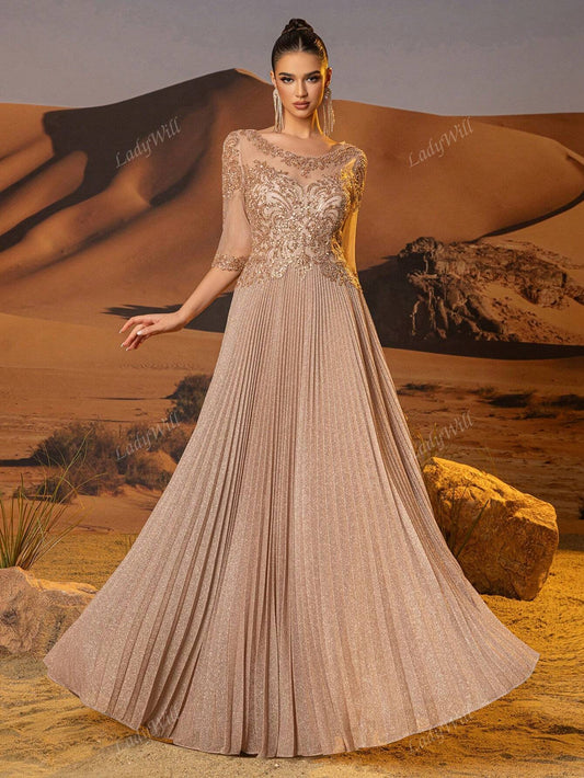 Sparkly Half Sleeves Pleated Formal Dresses For Wedding Guest