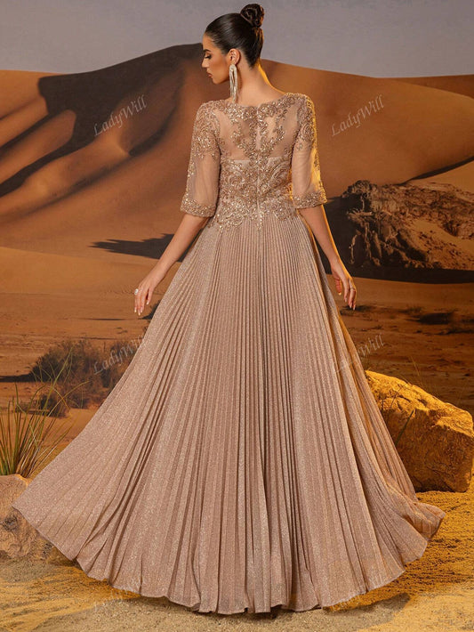 Sparkly Half Sleeves Pleated Formal Dresses For Wedding Guest