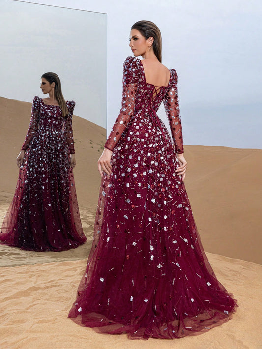 Gorgeous Sequin Evening Gown With Long Sleeves & Fitted Bodice