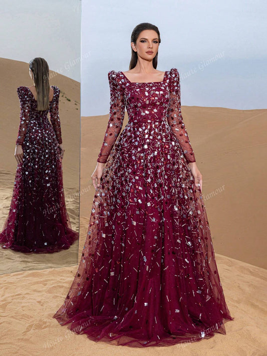 Gorgeous Sequin Evening Gown With Long Sleeves & Fitted Bodice