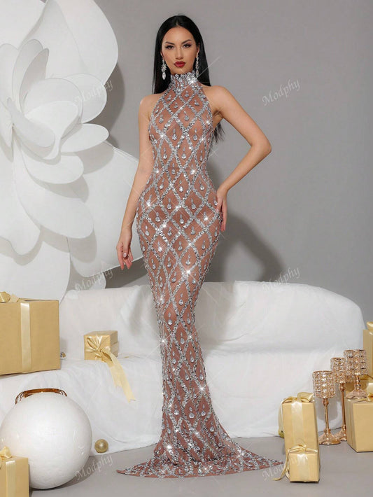 Luxury Sparkling Crystal Rhinestone High Neck Mesh Bodycon Dress