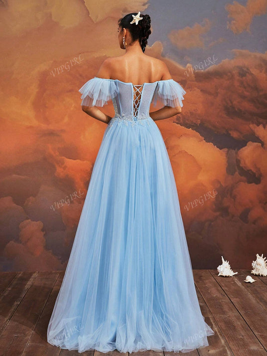 Luxurious Baby Blue Off-Shoulder High Slit Sequined Layered Tulle Gown
