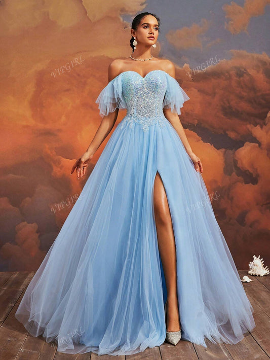 Luxurious Baby Blue Off-Shoulder High Slit Sequined Layered Tulle Gown