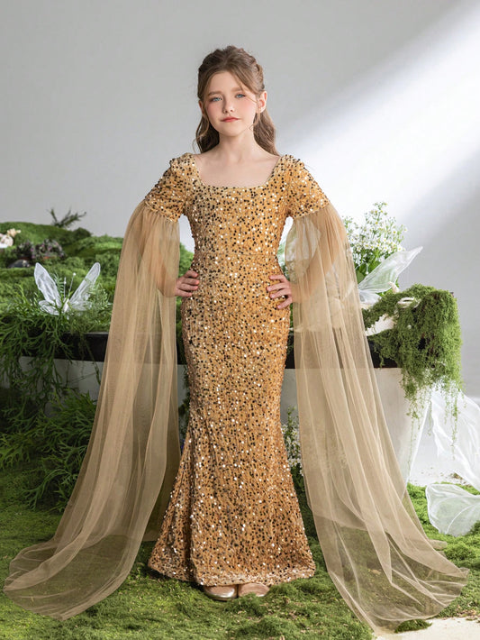 Tween Girl Square Neckline Glitter Mermaid Formal Dress With Extra Long Sheer Sleeves