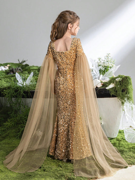 Tween Girl Square Neckline Glitter Mermaid Formal Dress With Extra Long Sheer Sleeves