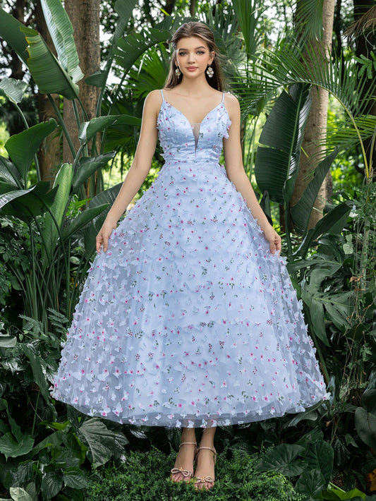 Floral Applique Plunging Neck Tulle Cami Homecoming Party Dress