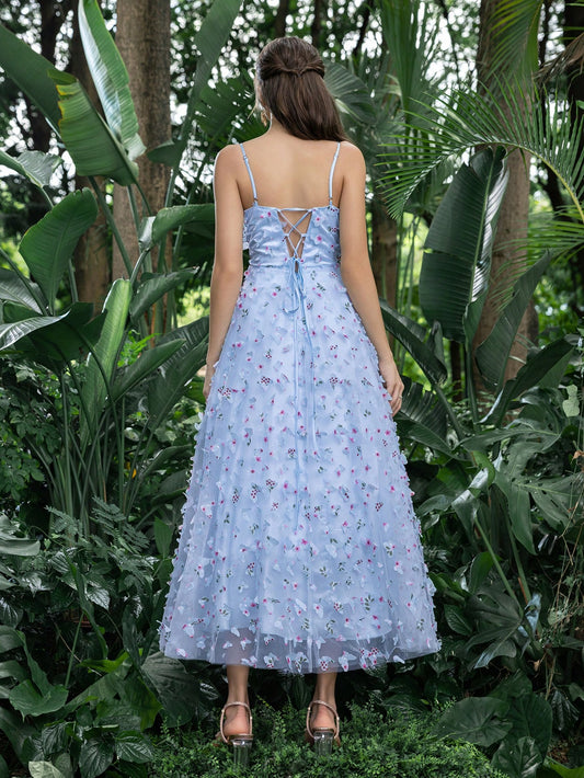 Floral Applique Plunging Neck Tulle Cami Homecoming Party Dress