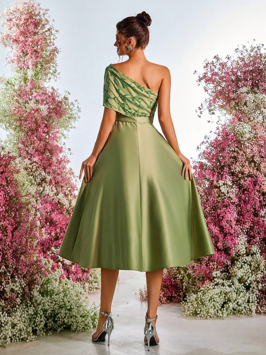 Sequin Patchwork Satin Asymmetrical Neck A-Line Maxi Dress