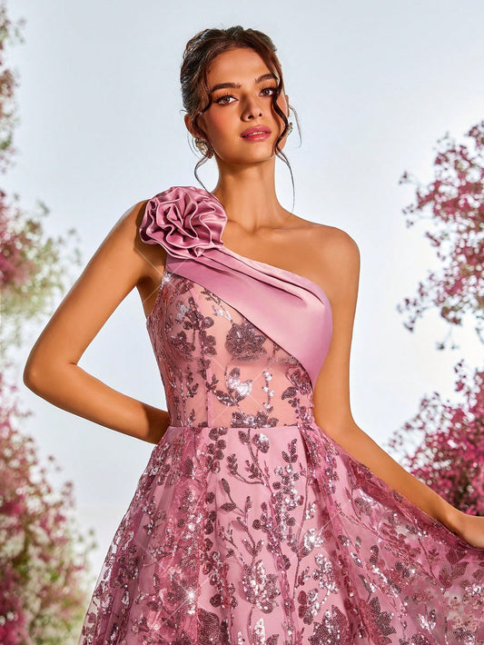 Three-Dimensional Flower See-Through Dress