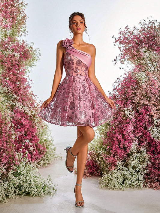 Three-Dimensional Flower See-Through Dress