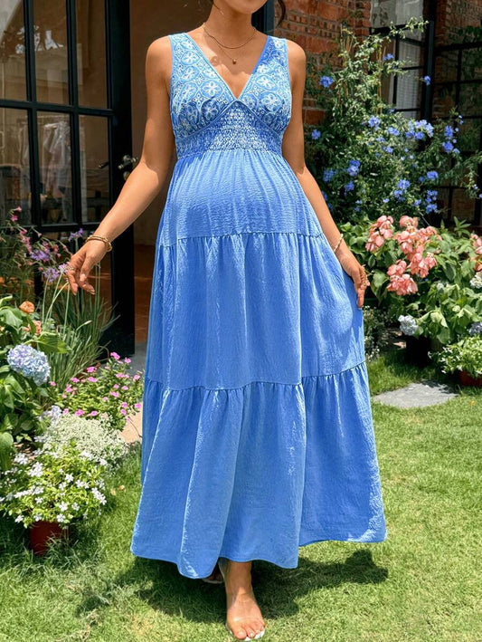 SHEIN Maternity Summer Vacation Style Embroidery Patchwork V-Neck Tiered Hem Sleeveless Dress Maternity Sundress Blue Maternity Dress Maternity Photoshoot Dress Baby Shower Maternity Dress  Summer Dresses For Vacation